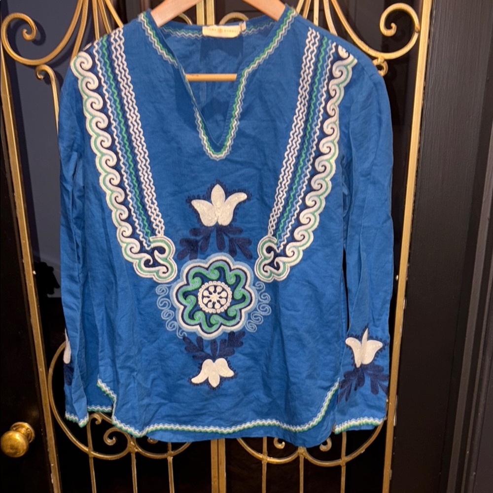Tory Burch Embroidered tunic wool linen blend free people Anthropologie vibes xs